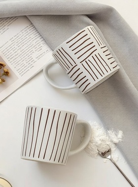 复古简约线条咖色创意陶瓷马克杯情侣对杯喝水杯咖啡杯牛奶杯杯子