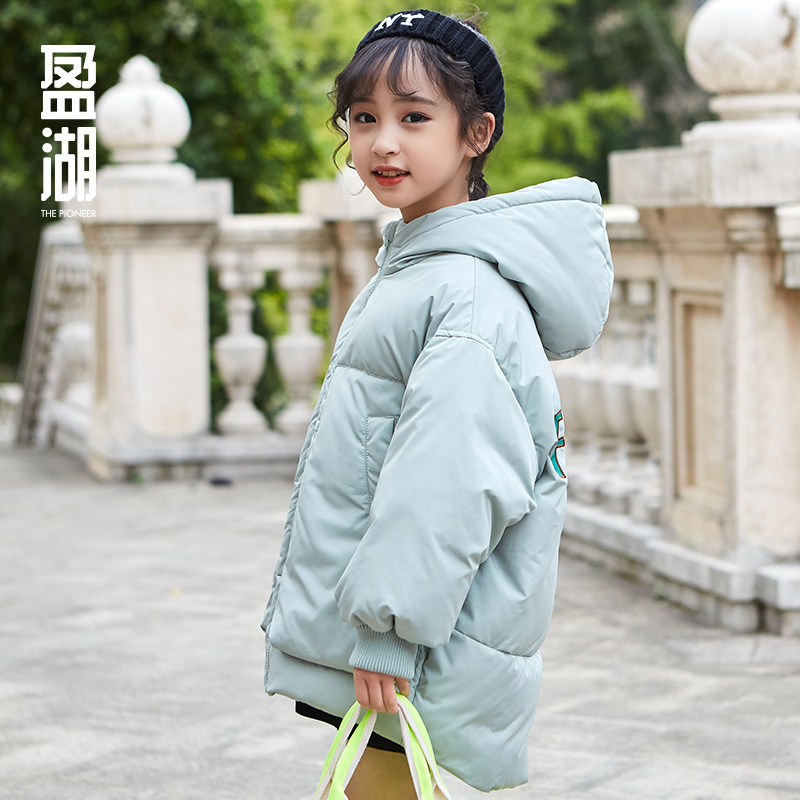 盈湖新款女童反季羽绒服儿童中长款不规则下摆连帽冬季时尚外套潮