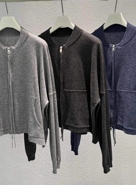 MQ｜MACQNF29521慵懒休闲宽松外套女棒球领雪点亚麻长袖拉链开衫