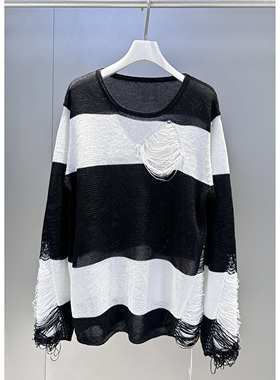 MQ｜MACQNF89822慵懒风黑白条纹V领针织衫女宽松流苏边毛衣上衣