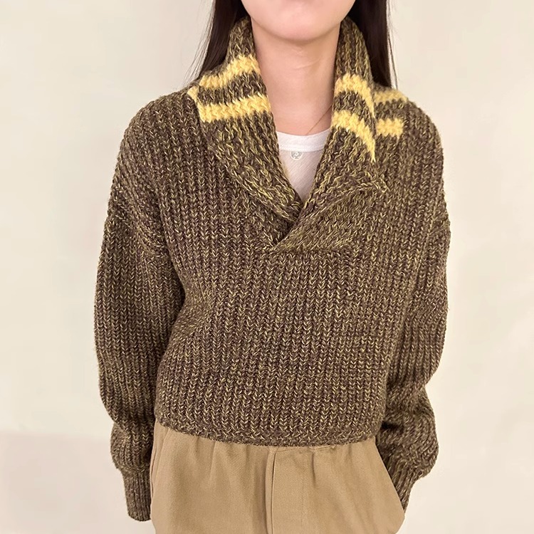 MQ｜MACQNF79260小个子花线羊毛针织套头毛衣女翻领短款长袖外套