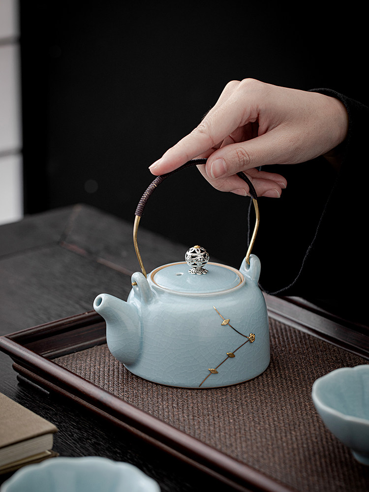 名家作汝窑提梁壶纯手工描金陶瓷茶具泡茶壶汝瓷开片天青高档大号