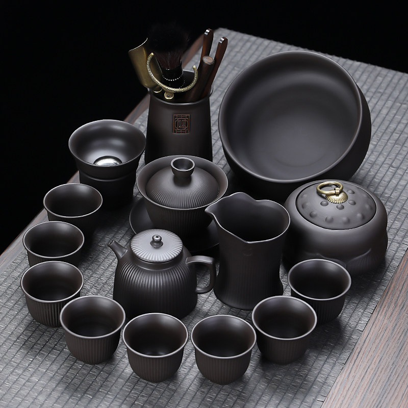 紫砂条纹功夫茶具套装家用陶瓷茶杯中式简约办公室会客茶壶泡茶器