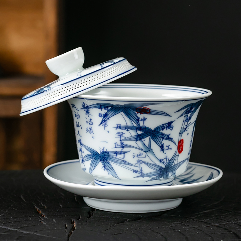 白瓷咏竹三才盖碗手彩泡茶碗带过滤大号盖杯陶瓷喝茶杯冲茶器中式