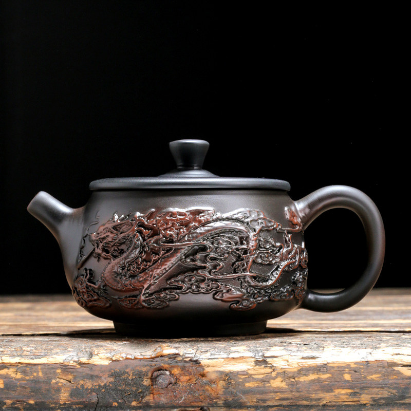 紫陶茶壶大号单壶纯手工泡茶器紫砂壶浮雕龙凤壶复古中式功夫茶具