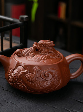 朱泥龙腾盛世功夫茶壶大号紫砂泡茶壶手工浮雕原矿泥茶具茶器家用