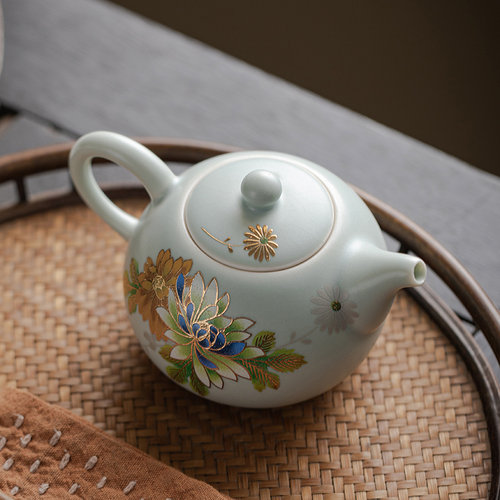 清雅汝窑茶壶珐琅彩牡丹