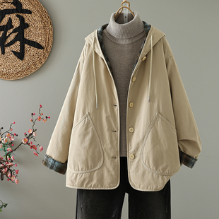 秋冬中长款休闲连帽棉服外套女文艺夹棉外套格纹加厚棉袄保暖棉衣