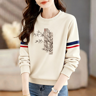 正肩显瘦百搭T恤上衣 卫衣女圆领纯棉打底衫 春秋新款 气质拼色长袖