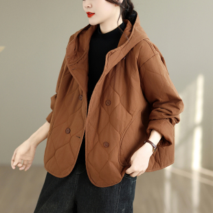 秋冬新款时尚菱格连帽棉服外套女洋气宽松休闲风加厚长袖保暖棉袄