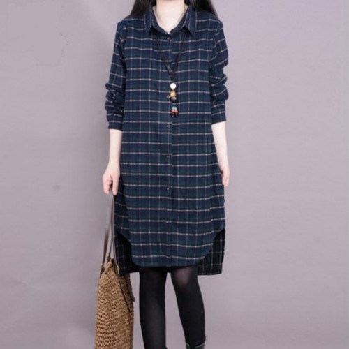 韩版格子长袖连衣裙女宽松衬衫裙