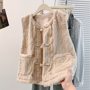 小香风毛绒马甲外套女国风盘扣保暖坎肩外搭无袖马夹百搭气质上衣