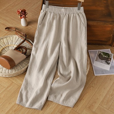 大码棉麻七分阔腿裤女宽松直筒裤
