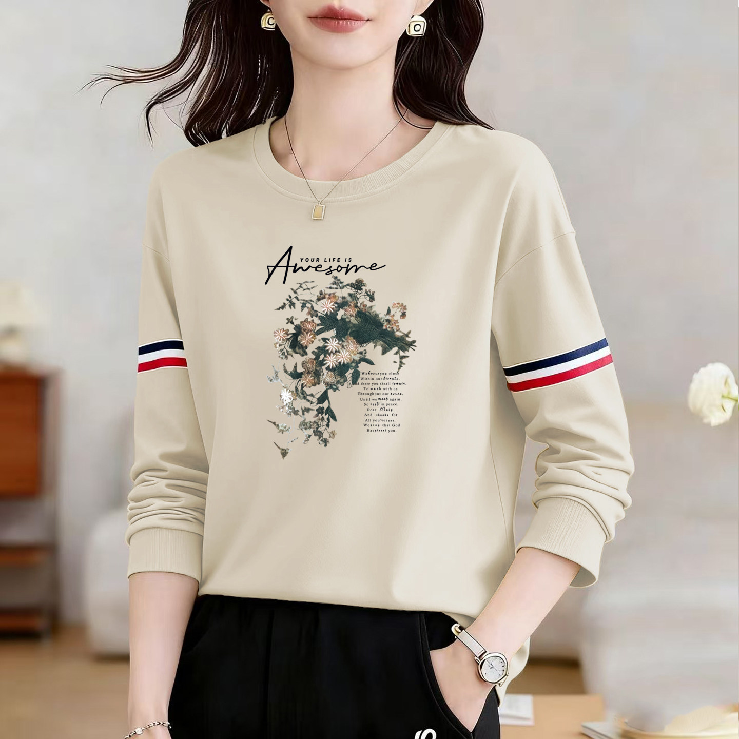 休闲风印花长袖T恤女洋气拼色圆领纯棉上衣减龄显瘦,女装/女士精品,大码内搭,淘宝优惠券,粉丝福利购,淘宝优惠卷