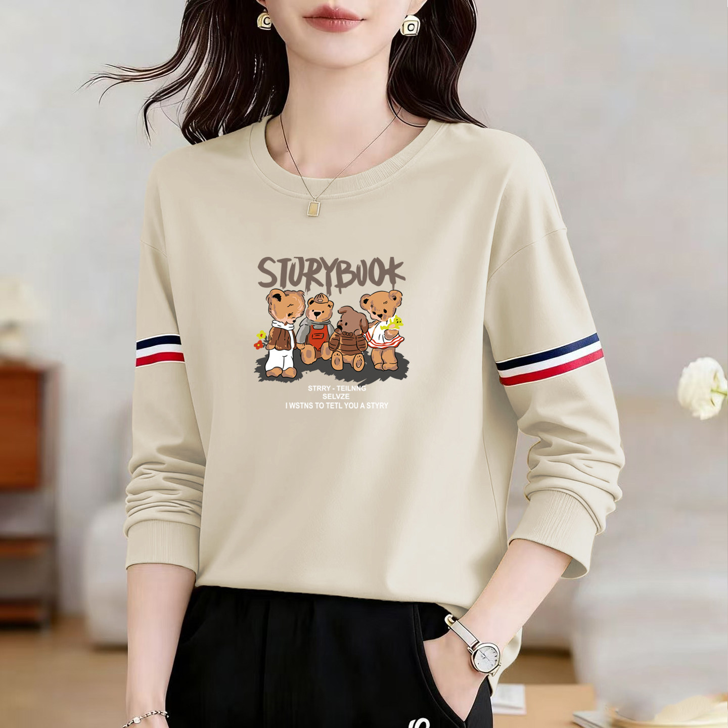 休闲风卡通印花长袖T恤女宽松显瘦圆领撞色条纹打底衫洋气上衣,女装/女士精品,大码内搭,淘宝优惠券,粉丝福利购,淘宝优惠卷