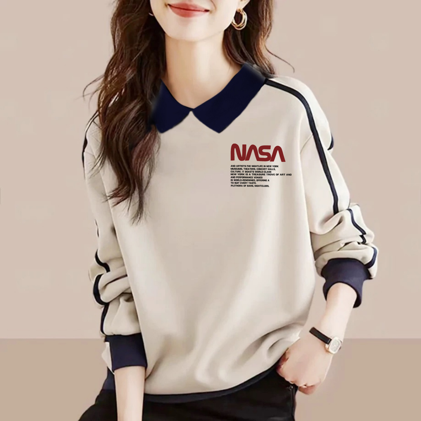 时尚翻领卫衣女长袖拼接气质上衣