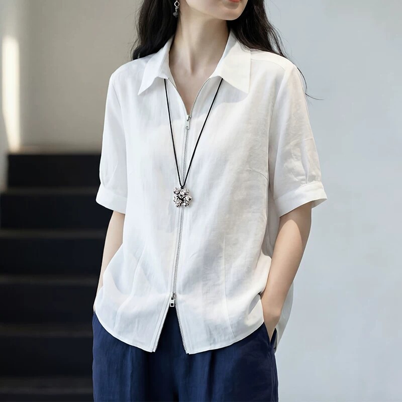 白色翻领短袖拉链显瘦衬衫女上衣