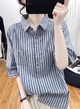 双层棉纱棉麻短袖衬衫女条纹上衣