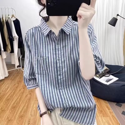 双层棉纱棉麻短袖衬衫女条纹上衣