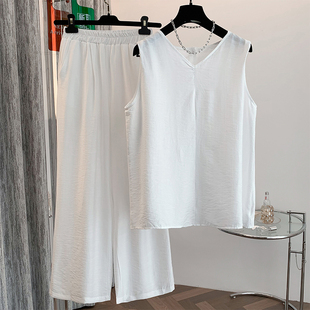外贸原单高级感亚麻天丝阔腿裤 棉麻两件套 套装 女夏宽松显瘦直筒裤