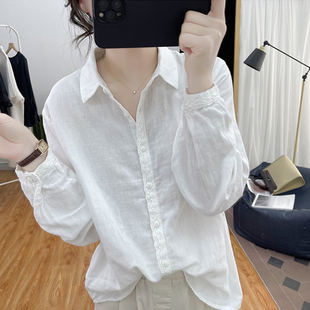外贸女装断码棉麻长袖衬衫上衣女纯色文艺气质衬衣百搭打底衫