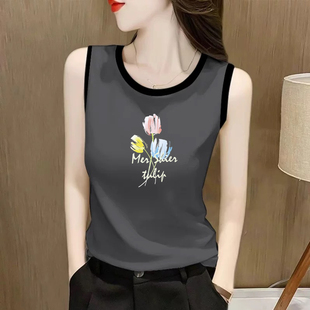 撞色边无袖背心女宽松印花内搭打底衫通勤百搭显瘦上衣