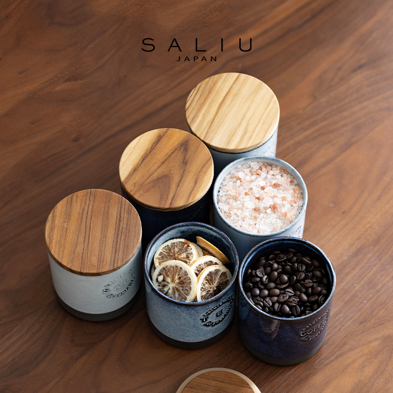 日本Saliu密封储物罐陶瓷茶叶罐咖啡豆储存罐柚木盖调味盐罐糖罐
