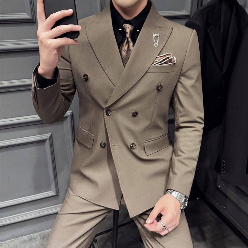 高级感复古双排扣新郎西装套装职业商务正装休闲男西服三件套