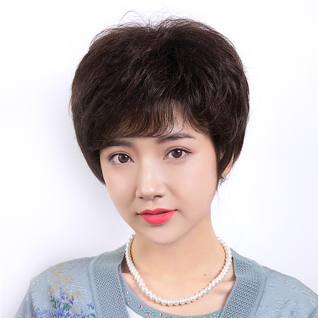 新天美假发女短发中老年假发真发自然短卷发送妈妈全头真人发假发