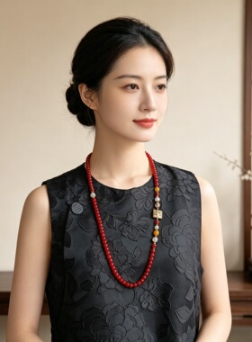 红依新中式红色玛瑙长款毛衣链