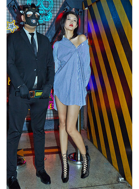 CHI ZHANG 蓝色条纹拼接衬衫