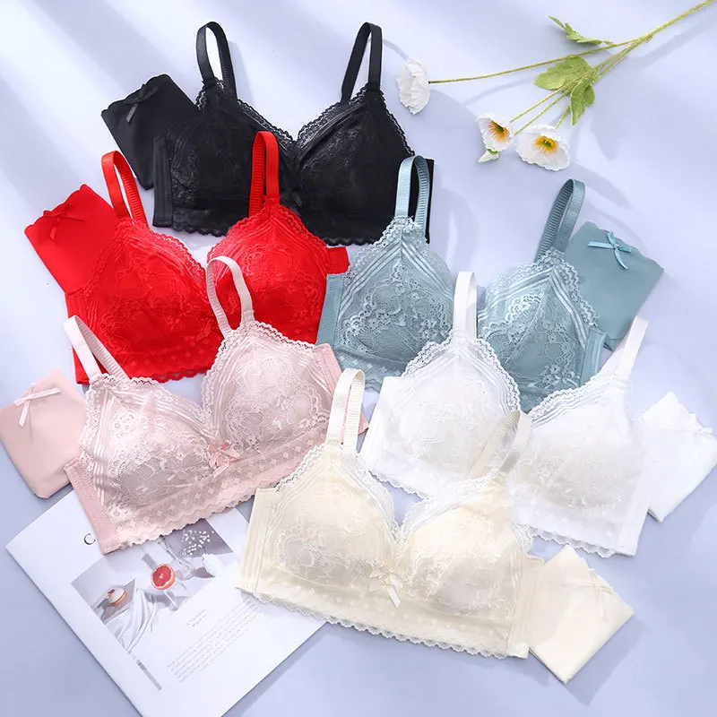 无钢圈性感聚拢乳胶杯文胸套装蝴蝶结内衣蕾丝花边美背内衣套装