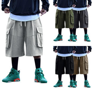 2023跨境外贸男夏季大码多口袋oversiz美式复古抽绳工装短裤微弹