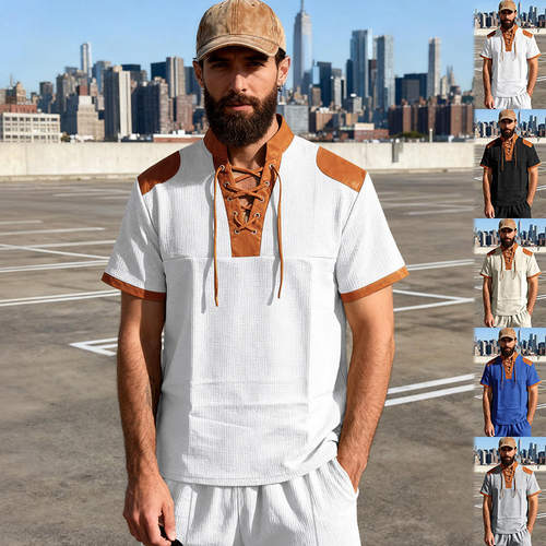 跨境夏季男士休闲中世纪风东欧海盗维京人系绳领袖短袖T恤常规