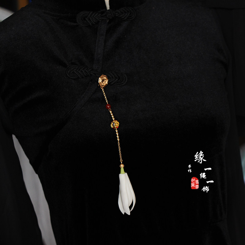 原创陶瓷玉兰旗袍压襟挂件景泰蓝挂饰别针精致汉服玛瑙配饰