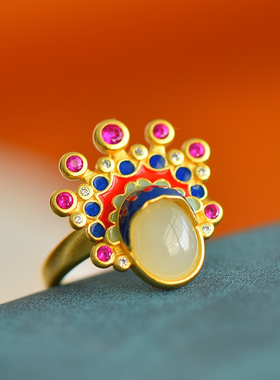 古法金银镶天然和田玉刀马旦戒指