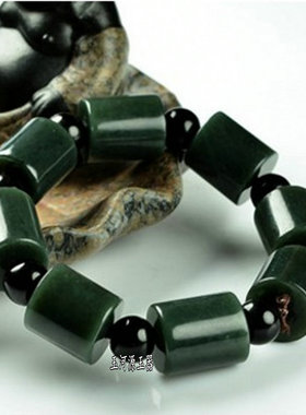 黑和田玉青玉墨玉圆柱珠子手链