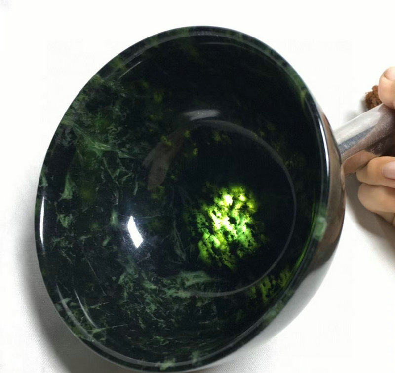 纯天然药王石碗玉石碗养生玉碗墨绿玉家用墨玉原石碗摆件饭碗