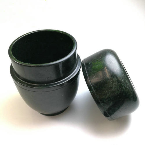 墨绿玉茶叶桶玉器玉石容器玉茶叶收纳杯子茶杯蛇纹玉茶具茶叶杯