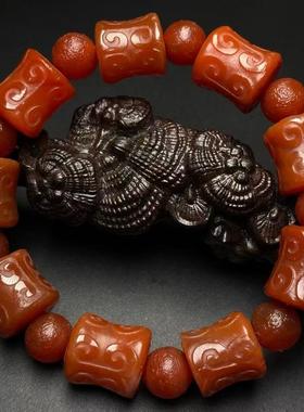 天然玛瑙精工雕刻竹节回纹桶珠腰珠手串单圈手链男女款