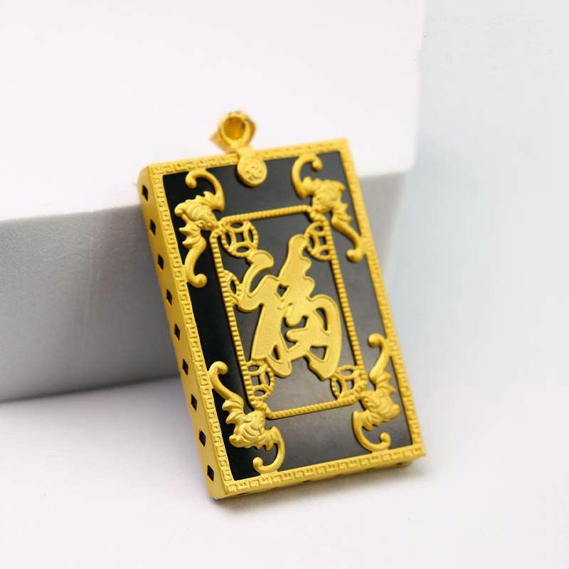 新款天然和田玉墨玉镶嵌福牌黄金镶嵌方牌大气款足金玉福吊坠牌子