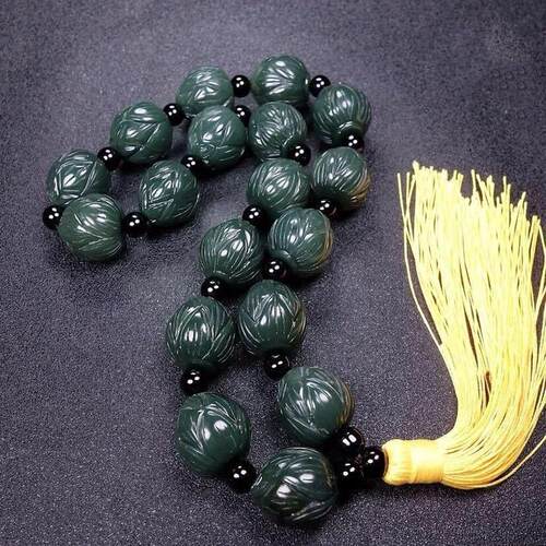 和田玉青玉佛珠手链青玉莲花念珠