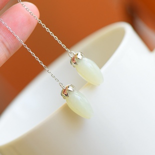 S925银镶和田玉白玉兰花耳坠女复古中国风文艺气质女手工耳饰耳线