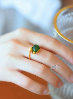 天然和田玉镀金开口戒指送妈妈