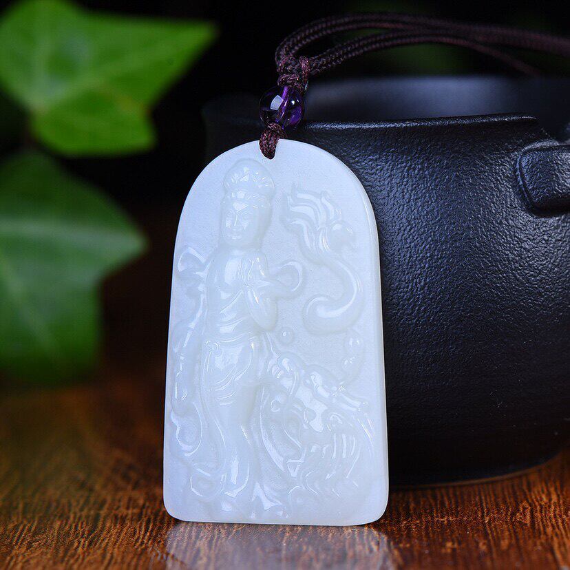 天然和田玉青白玉御龙观音吊坠挂件男女款玉石项链坠饰品大号牌子