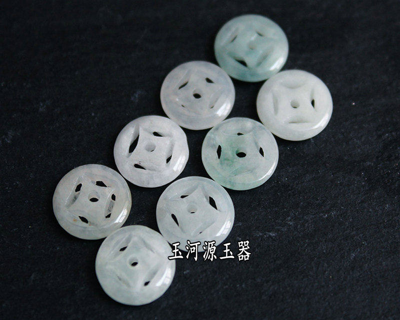 天然A货翡翠DIY配件散珠 镂空扣翡翠玉石配件 铜钱散珠子 玉钱扣