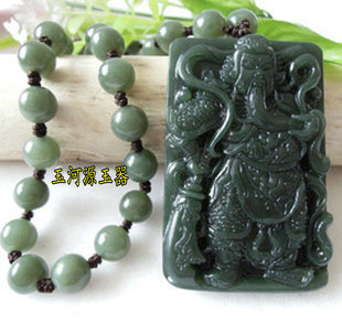 新疆和田玉细料青玉关公挂件关云长玉牌子吊坠男士 玉佩项链送证书