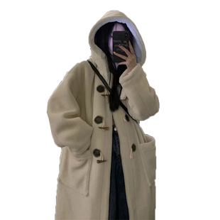 少女冬装牛角扣加绒大衣学院风高初中学生冬季羊羔毛绒外套中长款