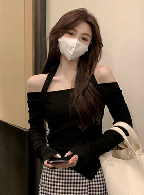性感露肩气质短款长袖t恤女