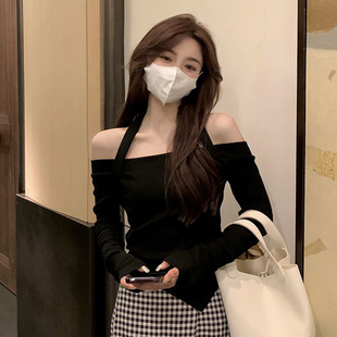 辣妹直播上衣服女主播服装上镜性感露肩超仙气质短款长袖t恤女